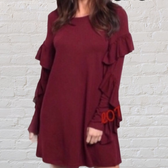 WINE RUFFLE LONG SLEEVE DESIGN DRESS - Picture 2 of 8